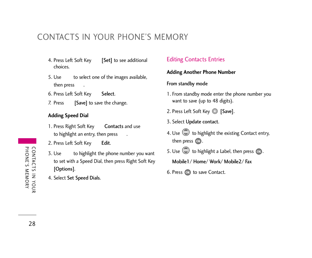 LG Electronics UX355 Contacts in Your PHONE’S Memory, Editing Contacts Entries, Adding Speed Dial, Press to save Contact 