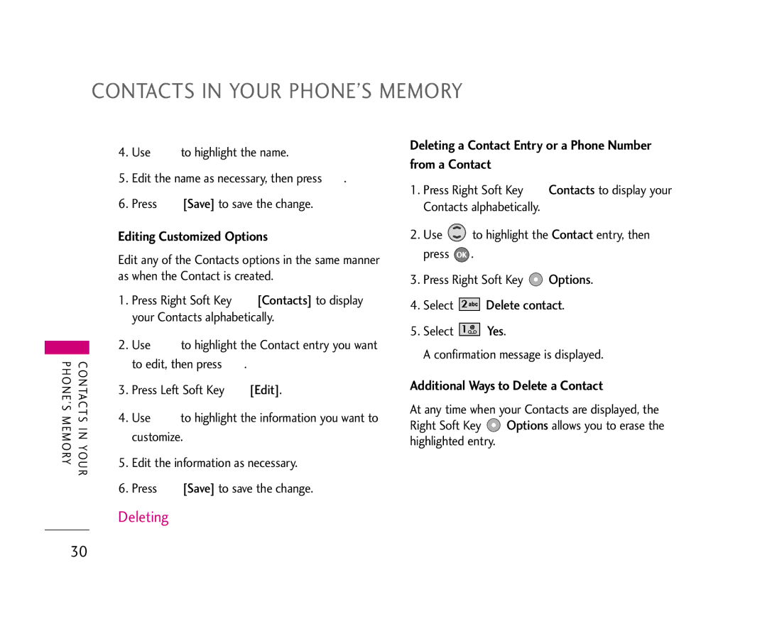 LG Electronics UX355 manual Editing Customized Options, Deleting a Contact Entry or a Phone Number from a Contact 