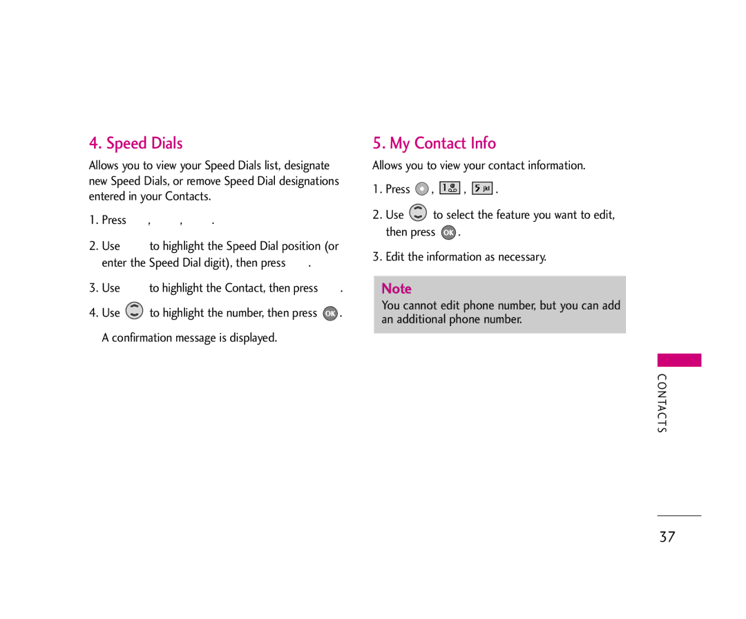 LG Electronics UX355 manual Speed Dials, My Contact Info 