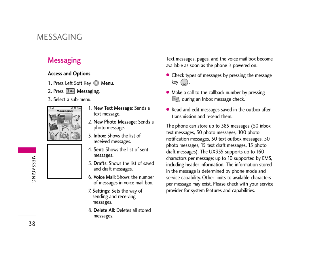 LG Electronics UX355 manual Press Messaging, Messages, Draft messages, Sending and receiving 