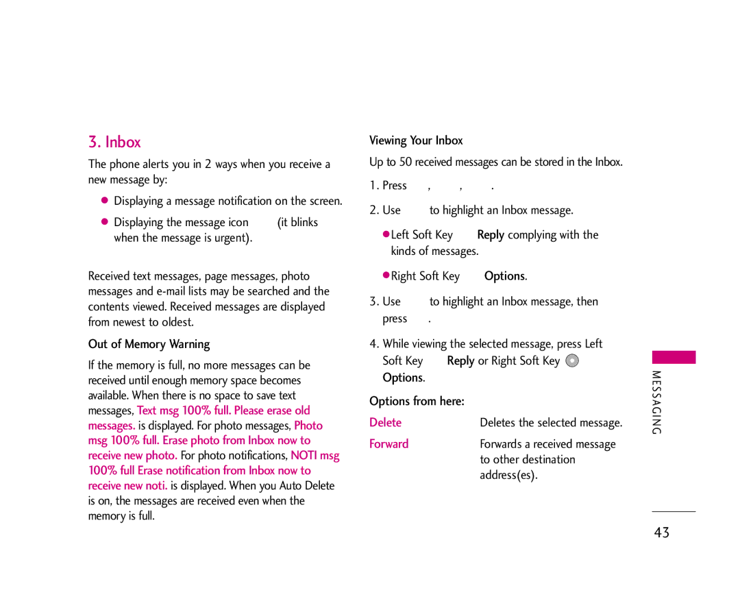 LG Electronics UX355 manual Out of Memory Warning, Viewing Your Inbox, Options from here 