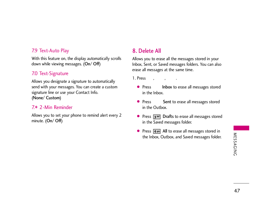 LG Electronics UX355 manual Delete All, Text-Auto Play, Text-Signature, Min Reminder, None/ Custom 