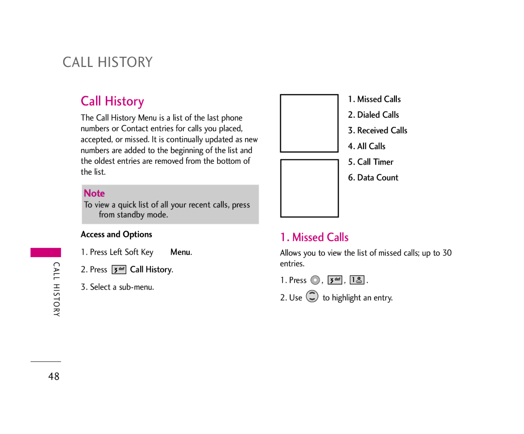 LG Electronics UX355 manual Call History, Missed Calls 