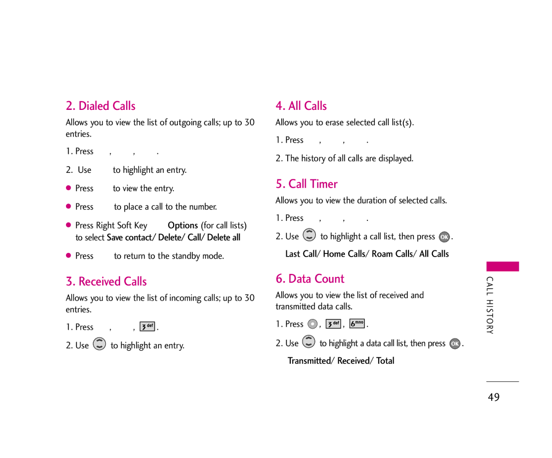 LG Electronics UX355 manual Dialed Calls, All Calls, Call Timer, Received Calls, Data Count 