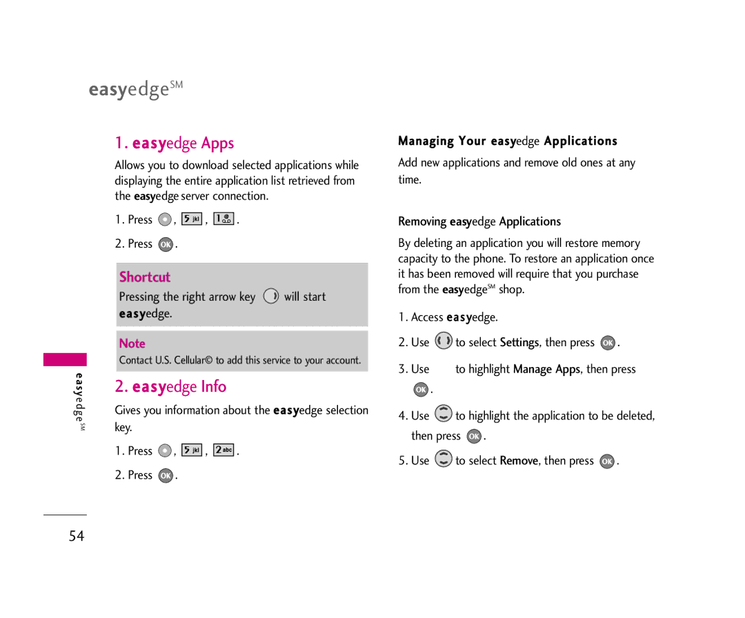 LG Electronics UX355 manual Easyedge Apps, Easyedge Info, Removing easyedge Applications, Pressing the right arrow key 