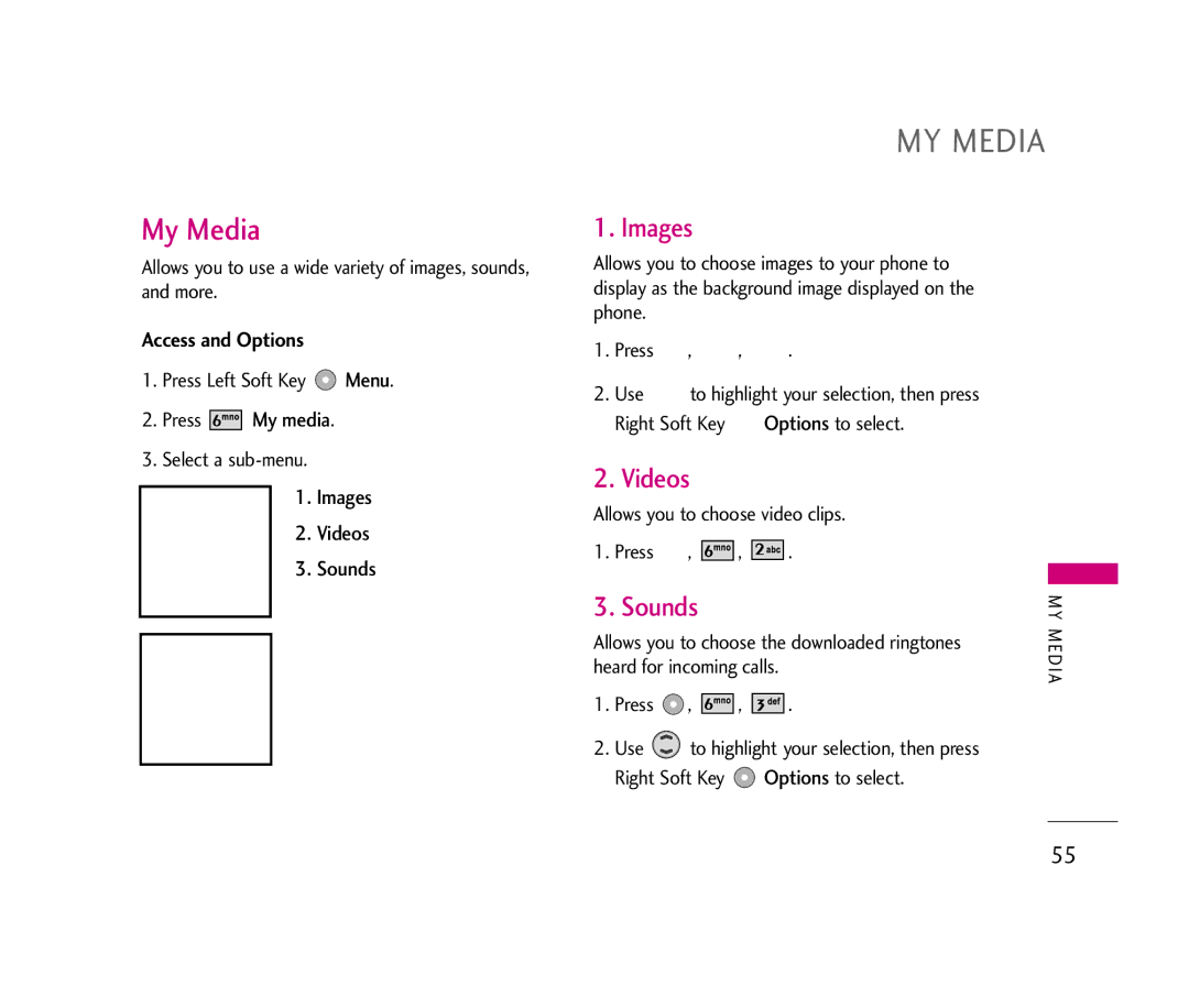 LG Electronics UX355 manual MY Media, Images, Videos, Sounds 