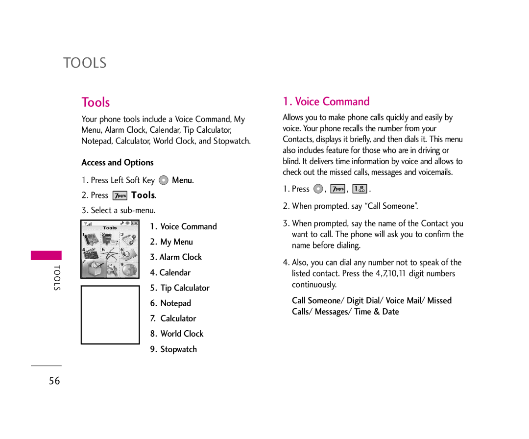 LG Electronics UX355 manual Tools, Voice Command 