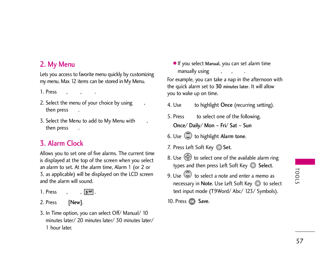 LG Electronics UX355 manual My Menu, Alarm Clock, Use to highlight Once recurring setting, Press Save 