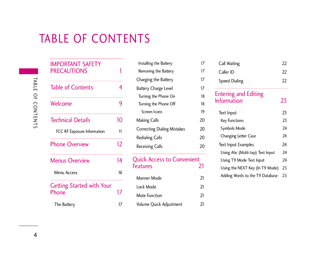 LG Electronics UX355 manual Table of Contents 