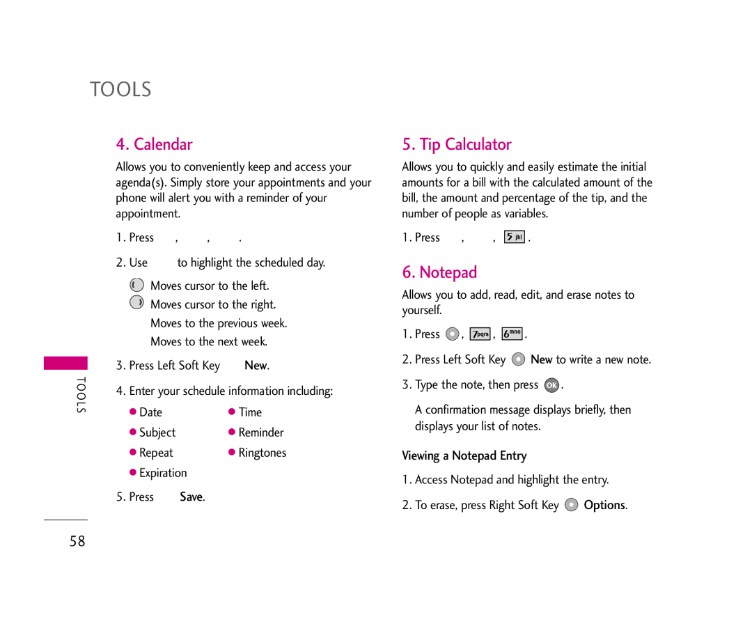 LG Electronics UX355 manual Calendar, Tip Calculator, New, Viewing a Notepad Entry 