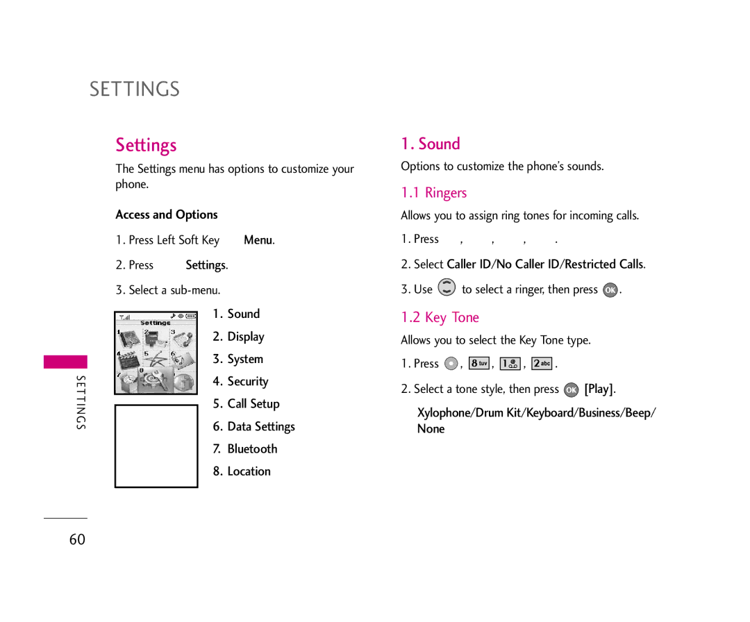 LG Electronics UX355 manual Settings, Sound, Ringers, Key Tone 