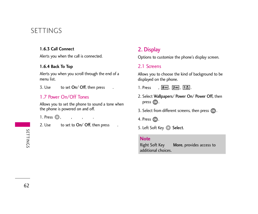 LG Electronics UX355 manual Display, Power On/Off Tones, Screens, Call Connect, Back To Top 