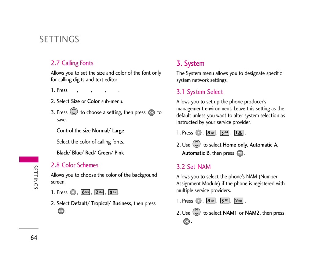 LG Electronics UX355 manual Calling Fonts, System Select, Set NAM, Screen Press 