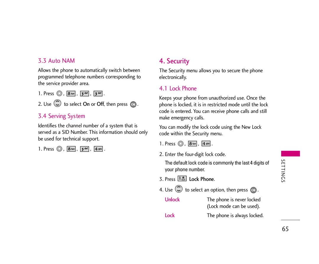 LG Electronics UX355 manual Security, Auto NAM, Serving System, Press Lock Phone 