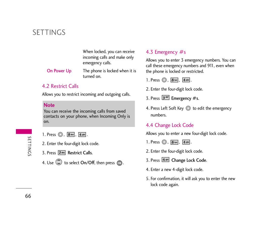 LG Electronics UX355 manual Restrict Calls, Press Emergency #s, Press Change Lock Code 