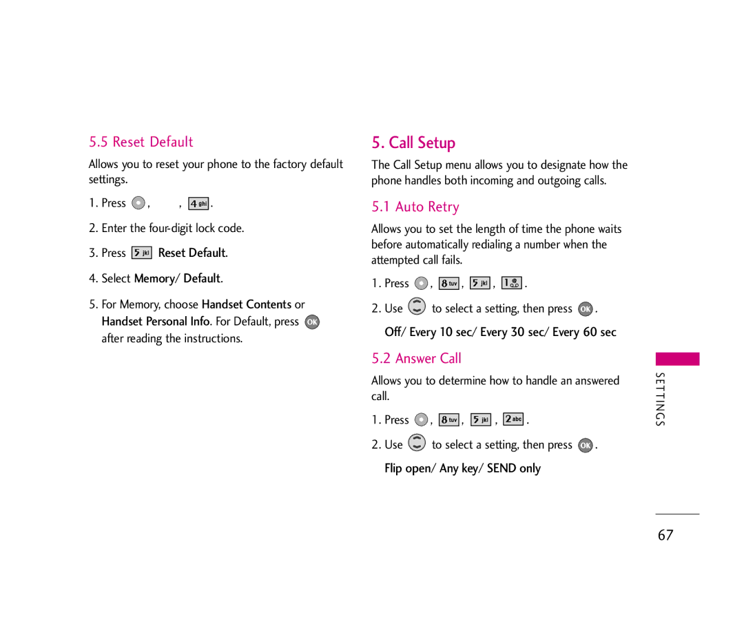 LG Electronics UX355 manual Call Setup, Auto Retry, Answer Call, Press Reset Default 