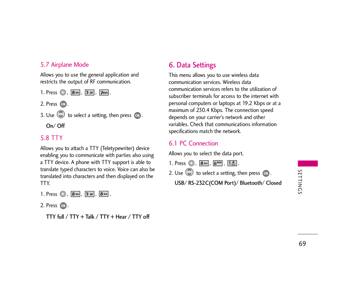 LG Electronics UX355 manual Data Settings, Airplane Mode, Tty, PC Connection, TTY full / TTY + Talk / TTY + Hear / TTY off 