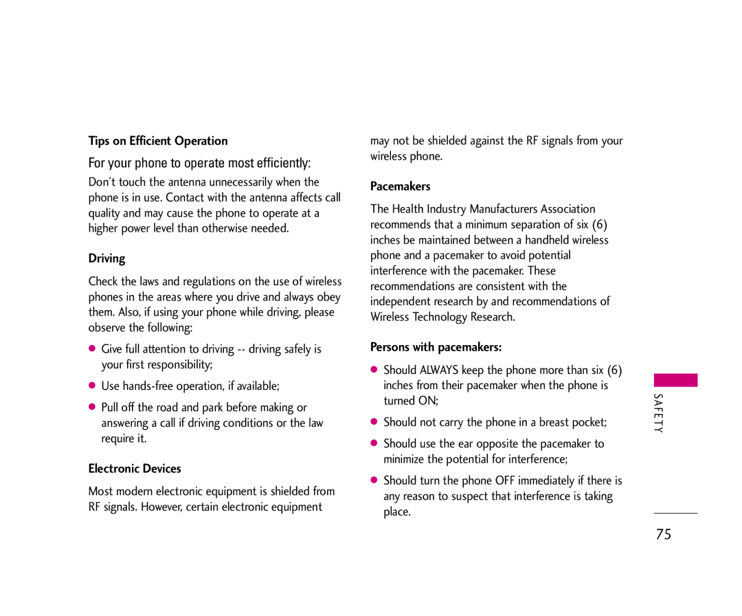 LG Electronics UX355 manual Tips on Efficient Operation, Driving, Electronic Devices, Pacemakers, Persons with pacemakers 