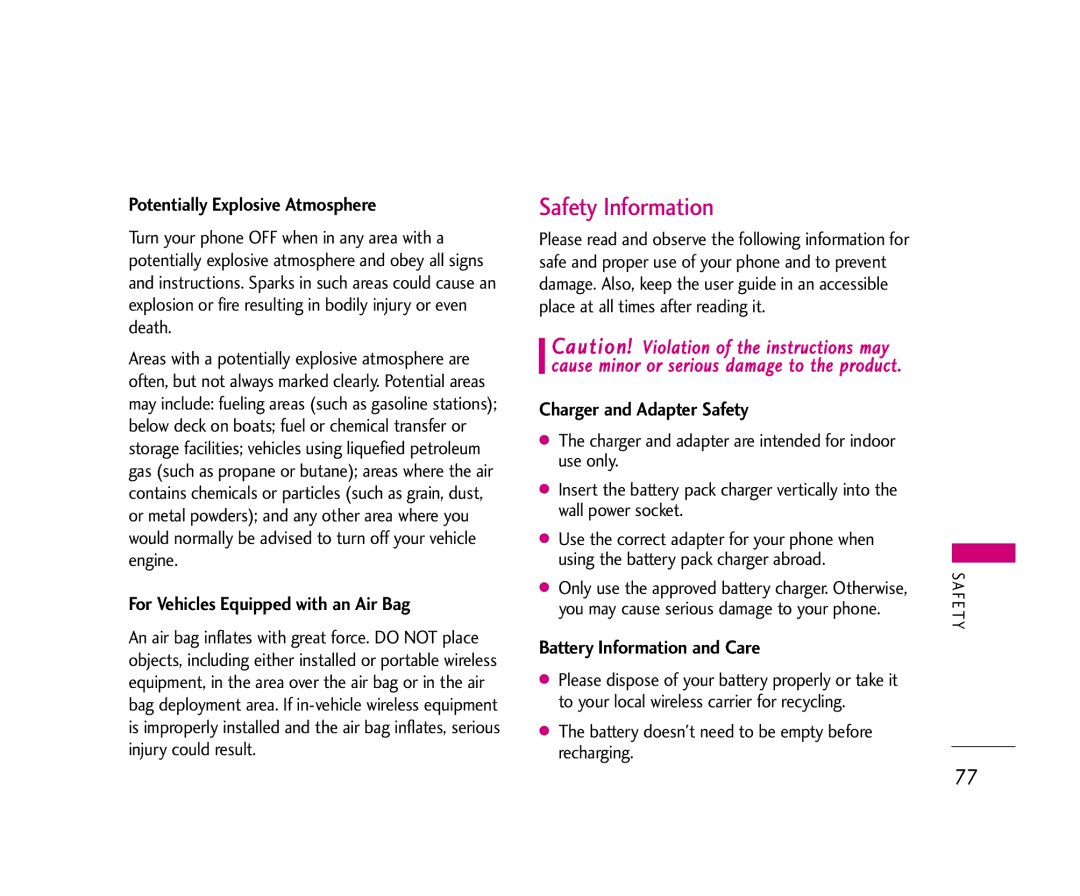 LG Electronics UX355 manual Safety Information, Potentially Explosive Atmosphere, For Vehicles Equipped with an Air Bag 