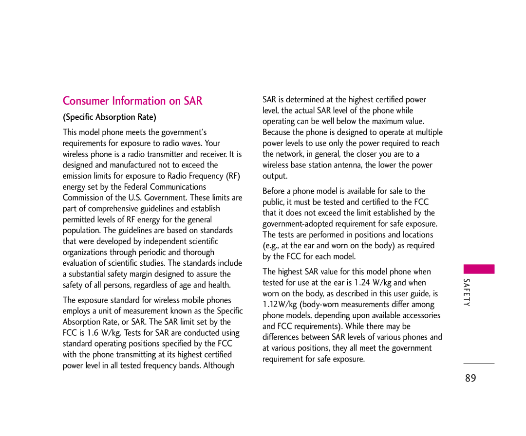 LG Electronics UX355 manual Consumer Information on SAR, Specific Absorption Rate 