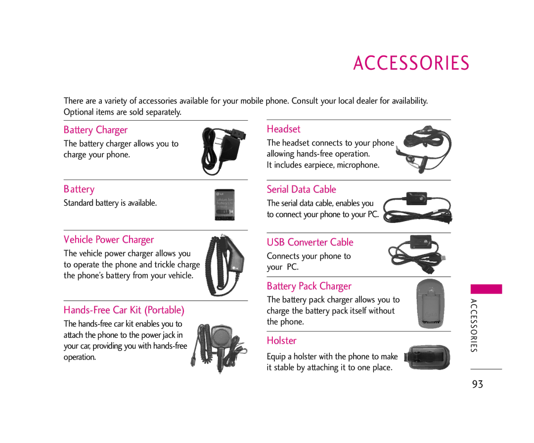 LG Electronics UX355 manual Accessories 