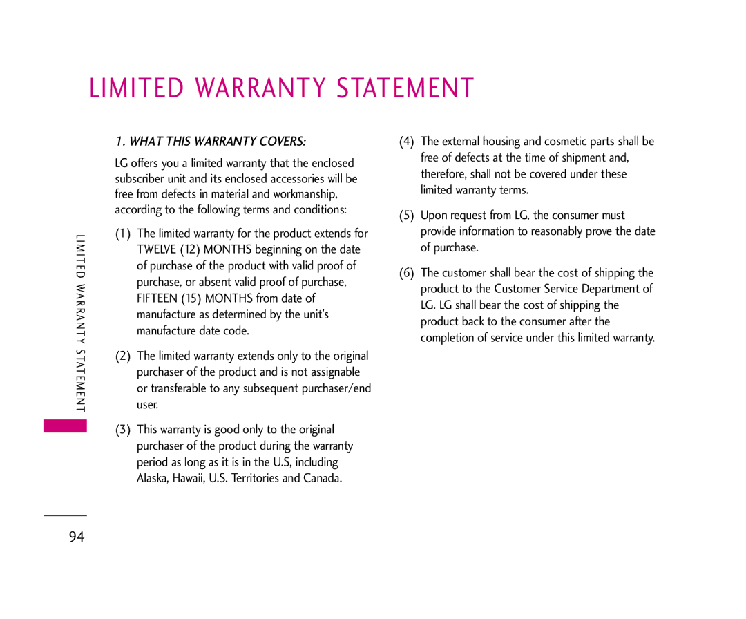 LG Electronics UX355 manual Limited Warranty Statement, What this Warranty Covers 