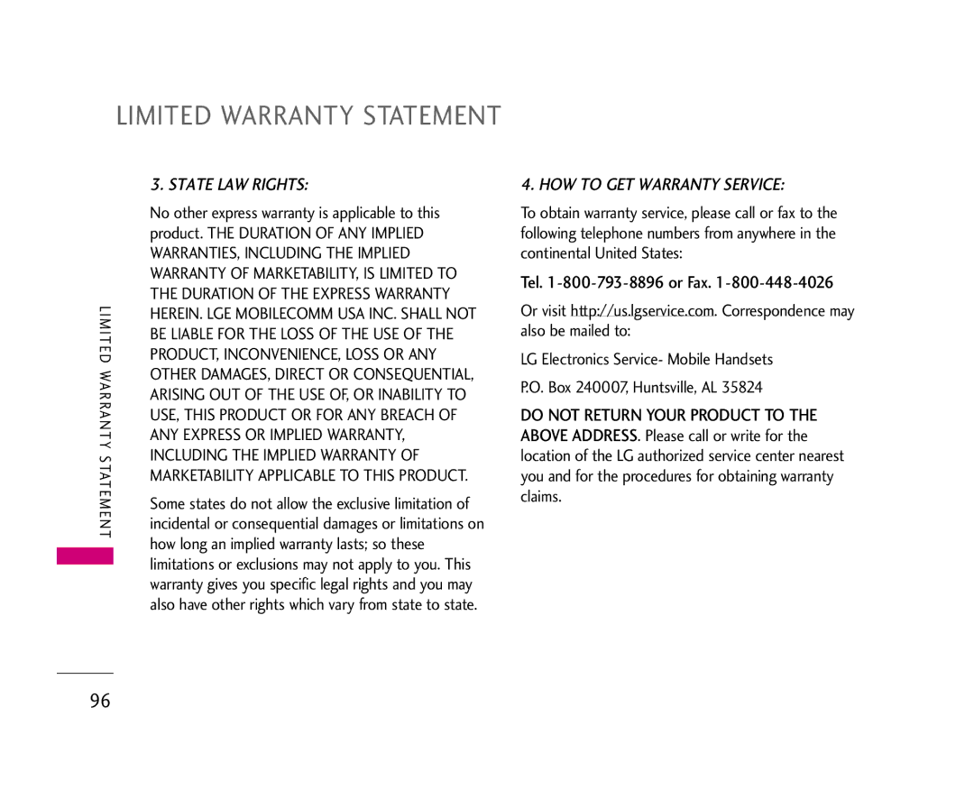 LG Electronics UX355 manual Limited Warranty Statement, Tel -800-793-8896 or Fax 