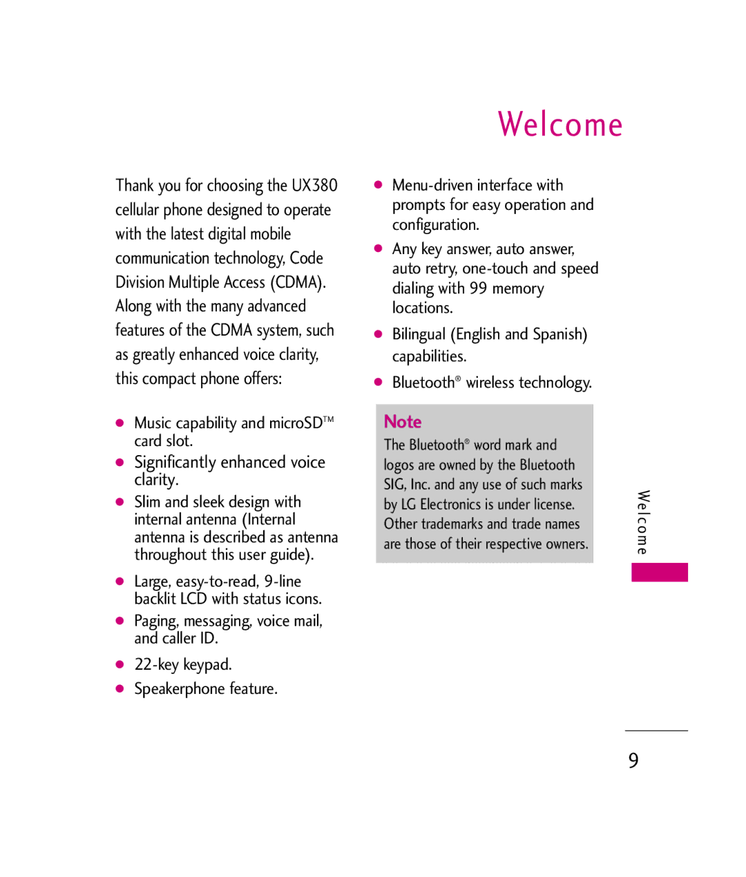 LG Electronics UX380 manual Welcome, Bluetooth word mark 