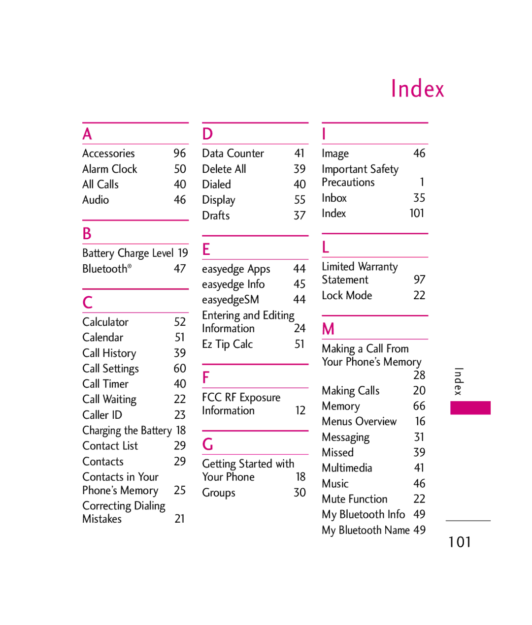 LG Electronics UX380 manual Index 