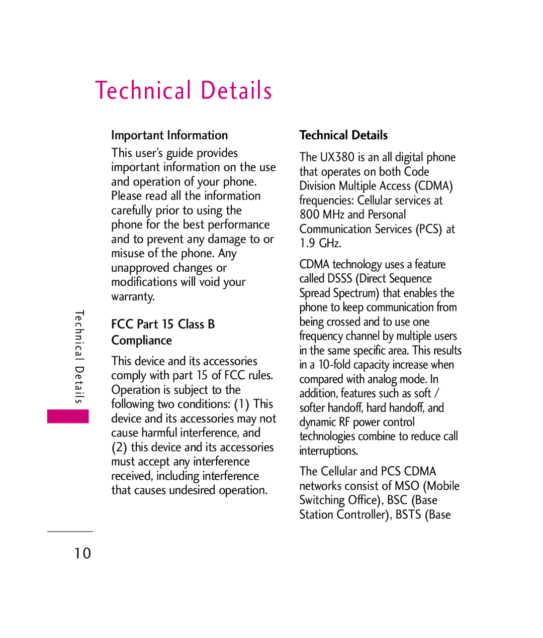 LG Electronics UX380 Important Information, FCC Part 15 Class B, Compliance, Technical Details, Operation is subject to 