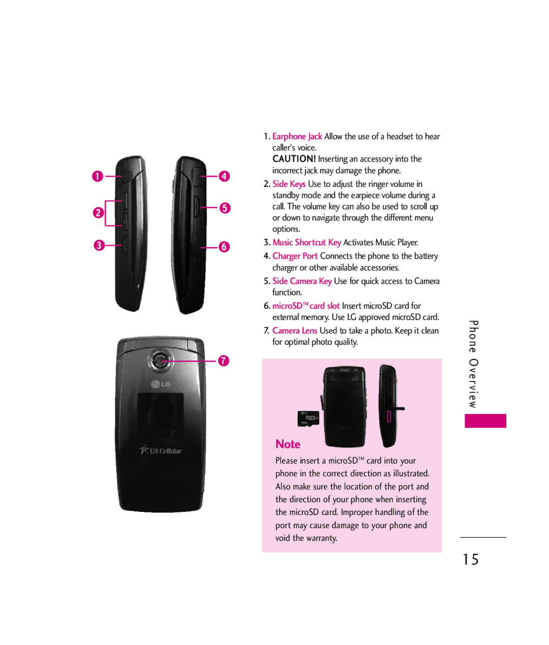 LG Electronics UX380 manual Side Camera Key Use for quick access to Camera function 