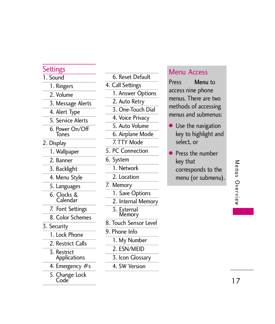 LG Electronics UX380 manual Settings, Menu Access 