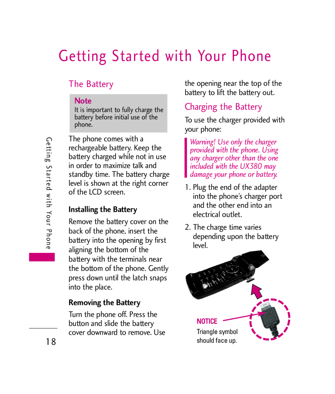 LG Electronics UX380 manual Getting Started with Your Phone, Charging the Battery, Installing the Battery 