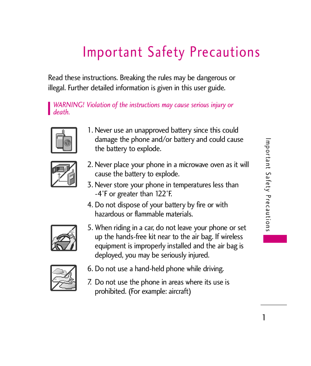 LG Electronics UX380 manual Important Safety Precautions, Do not use a hand-held phone while driving 