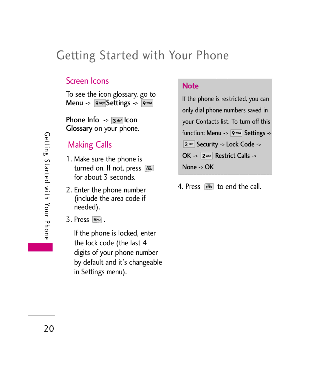 LG Electronics UX380 manual Getting Started with Your Phone, Screen Icons, Making Calls 