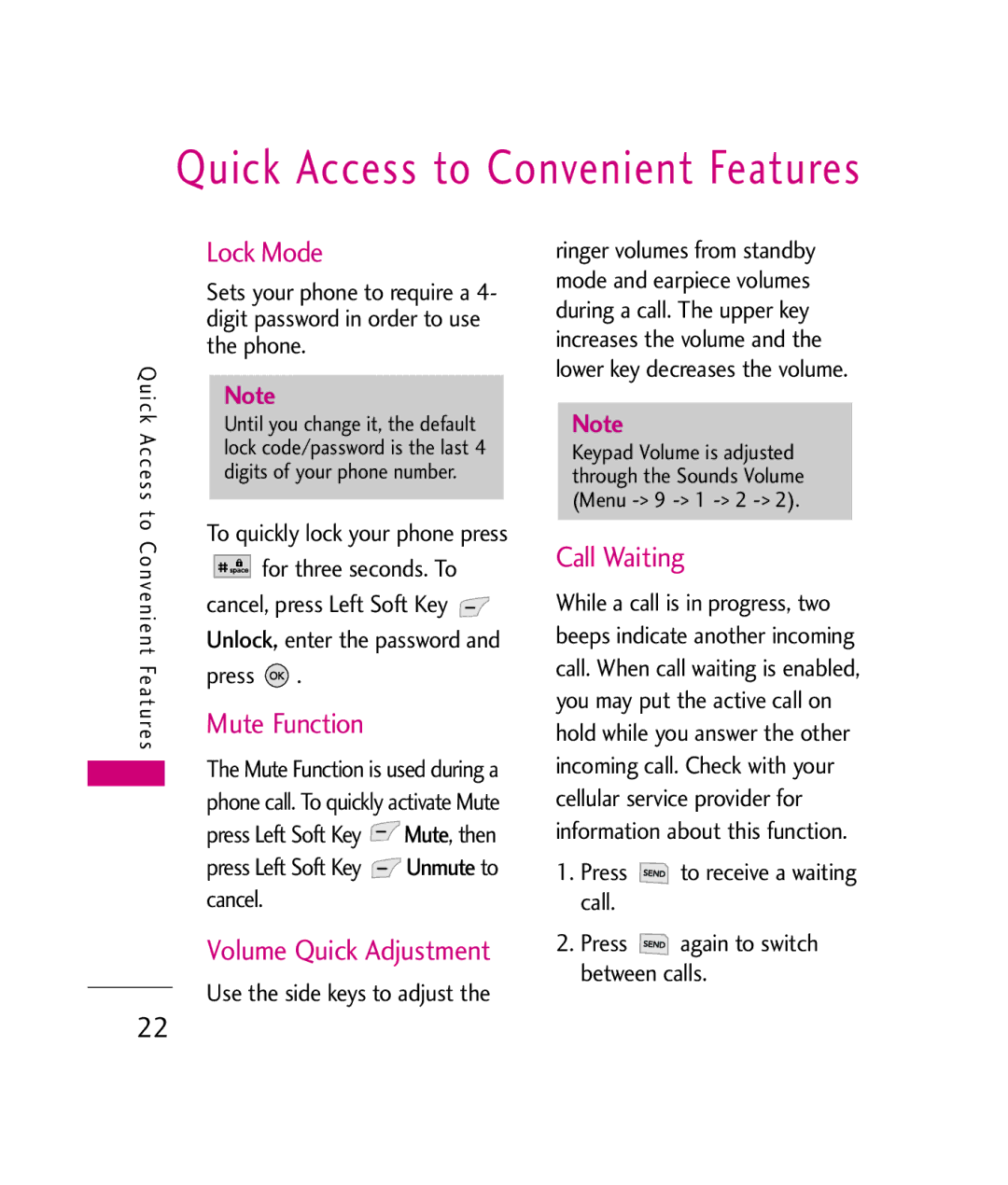 LG Electronics UX380 manual Lock Mode, Mute Function, Volume Quick Adjustment, Call Waiting, Use the side keys to adjust 