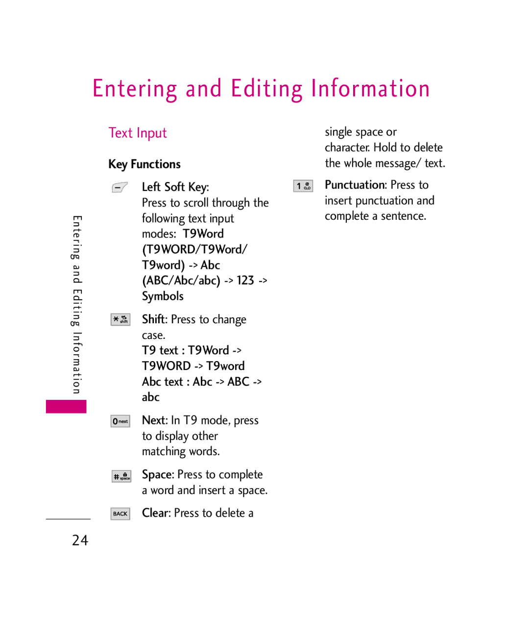 LG Electronics UX380 manual Entering and Editing Information, Text Input, Key Functions, Clear Press to delete a 