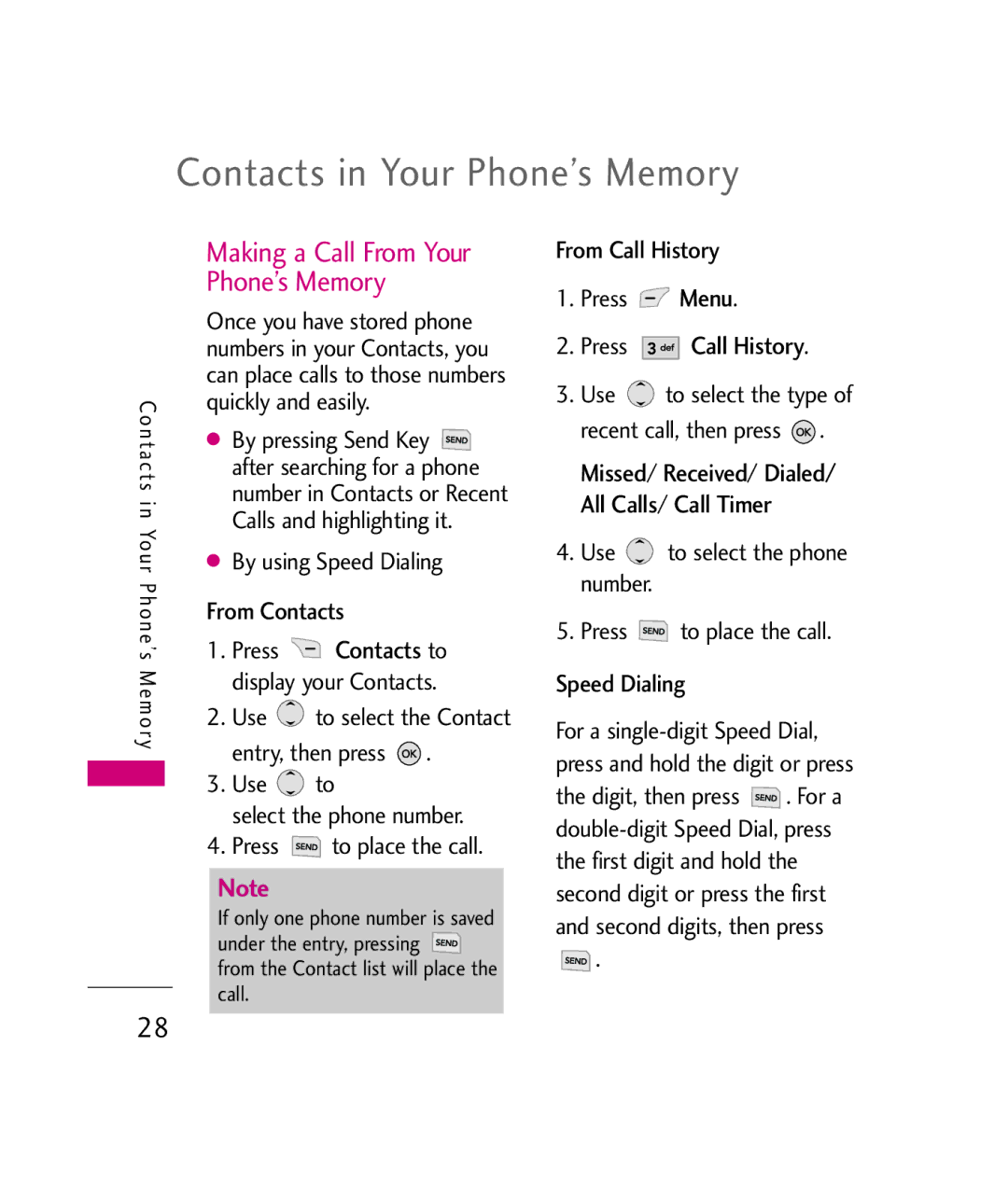 LG Electronics UX380 manual Press Call History, By using Speed Dialing From Contacts, From Call History Press Menu 