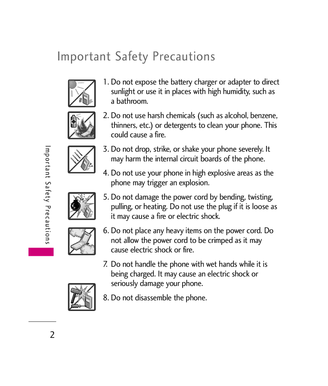 LG Electronics UX380 manual Important Safety Precautions, Do not disassemble the phone 