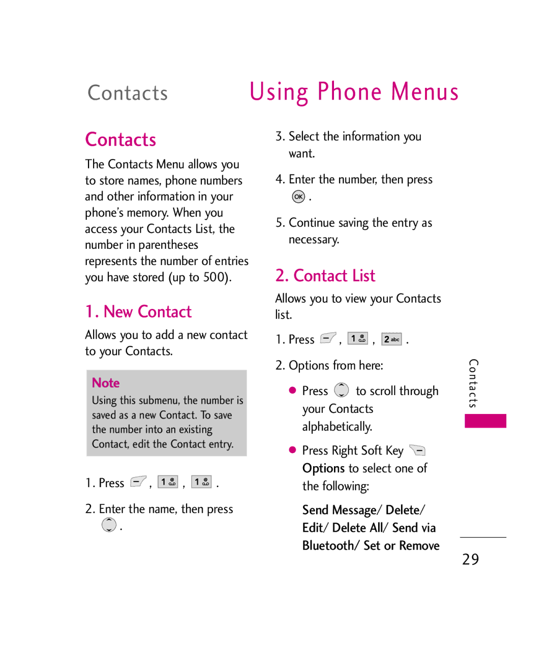 LG Electronics UX380 manual Contacts Using Phone Menus, New Contact, Contact List 