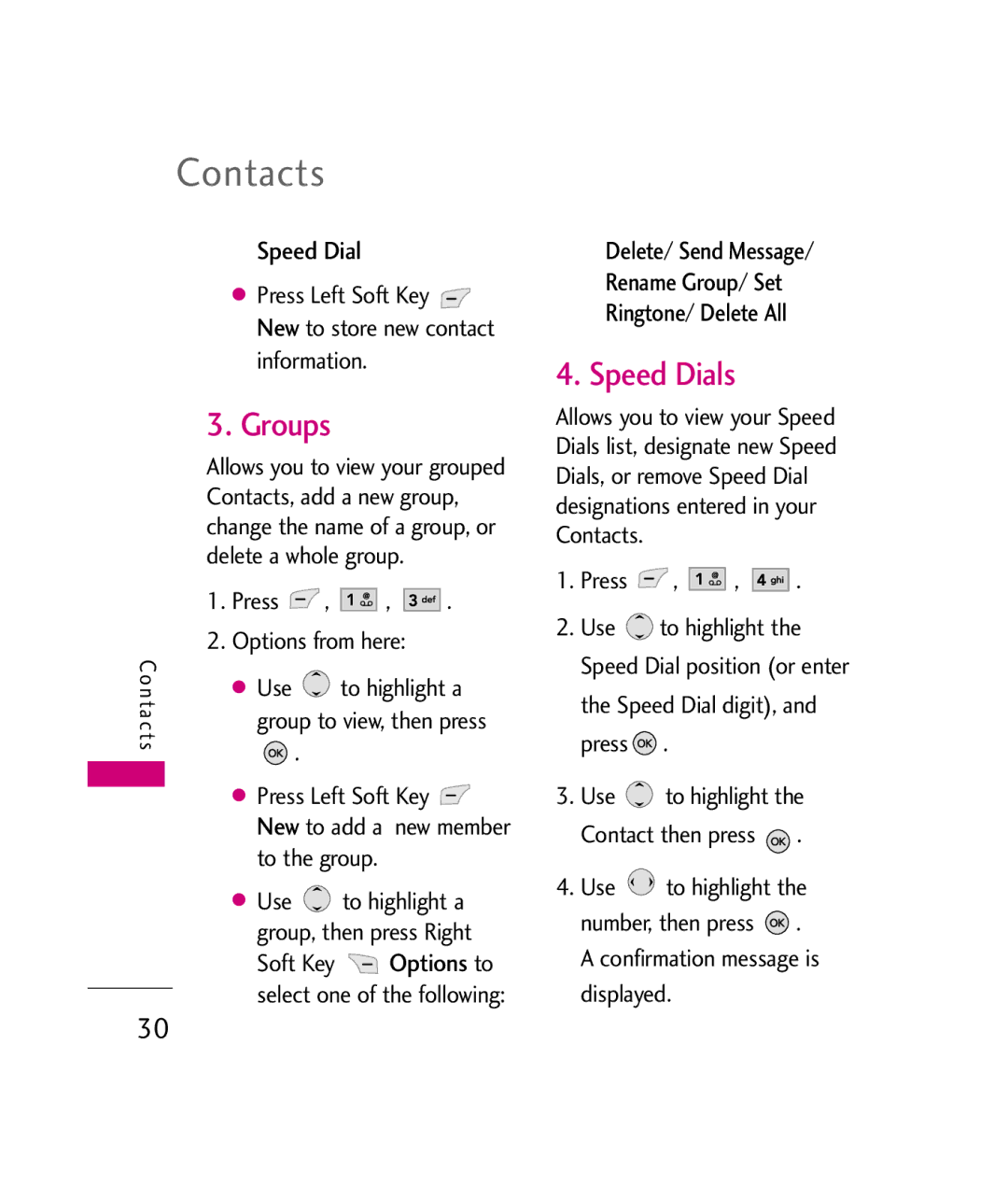 LG Electronics UX380 manual Contacts, Groups, Speed Dials, Delete/ Send Message Rename Group/ Set Ringtone/ Delete All 