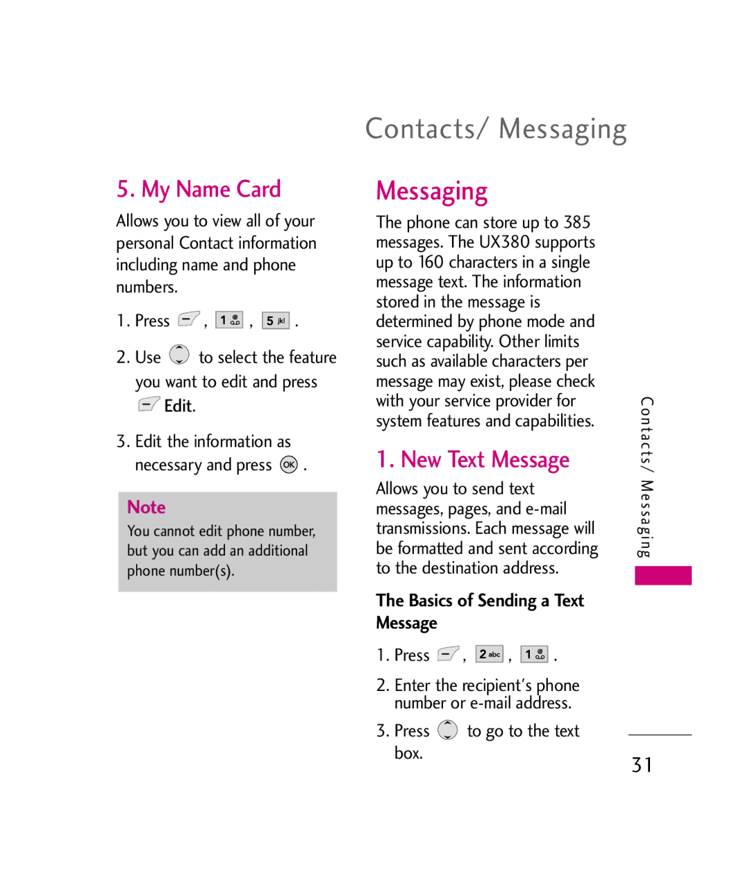 LG Electronics UX380 manual Contacts/ Messaging, My Name Card, New Text Message, Basics of Sending a Text Message 