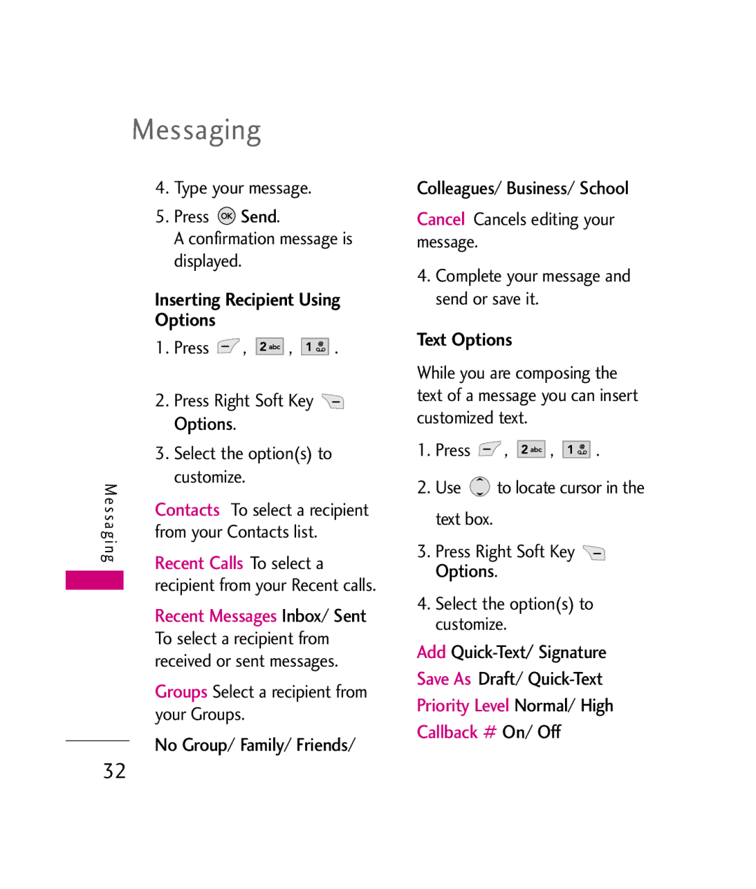 LG Electronics UX380 manual Messaging, Inserting Recipient Using Options, Text Options 