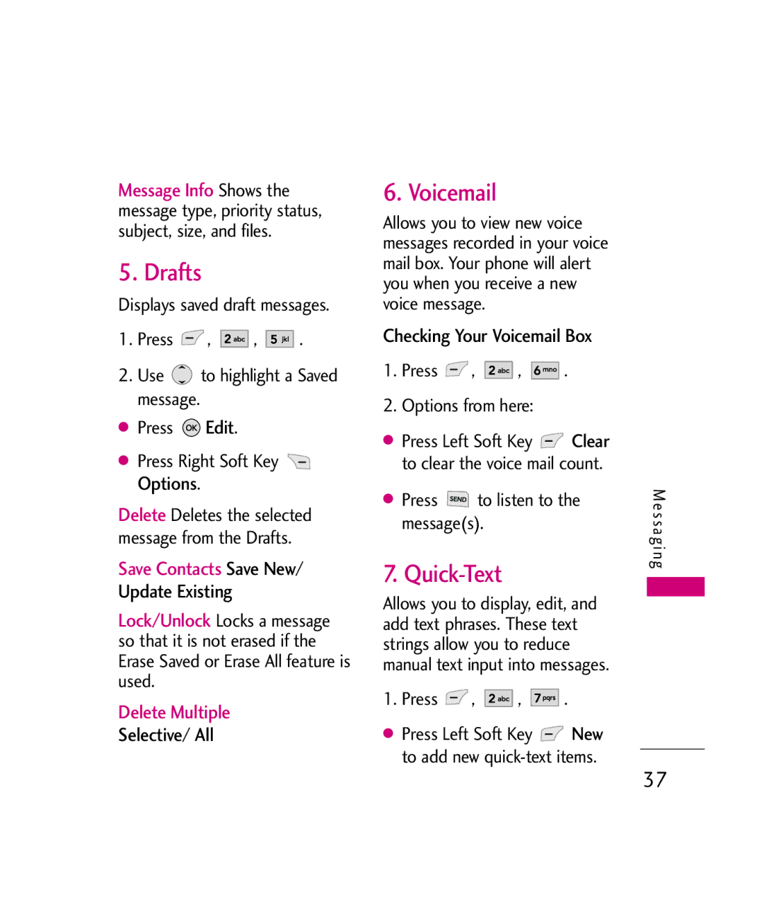 LG Electronics UX380 manual Drafts, Quick-Text, Selective/ All, Checking Your Voicemail Box 