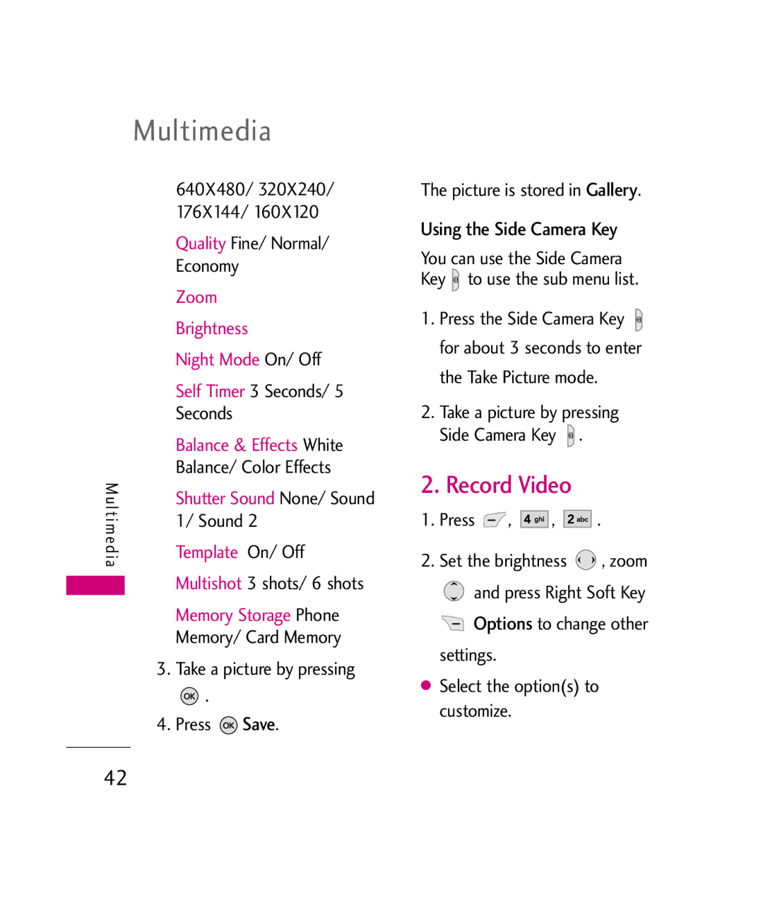 LG Electronics UX380 manual Multimedia, Record Video, Save, Using the Side Camera Key 