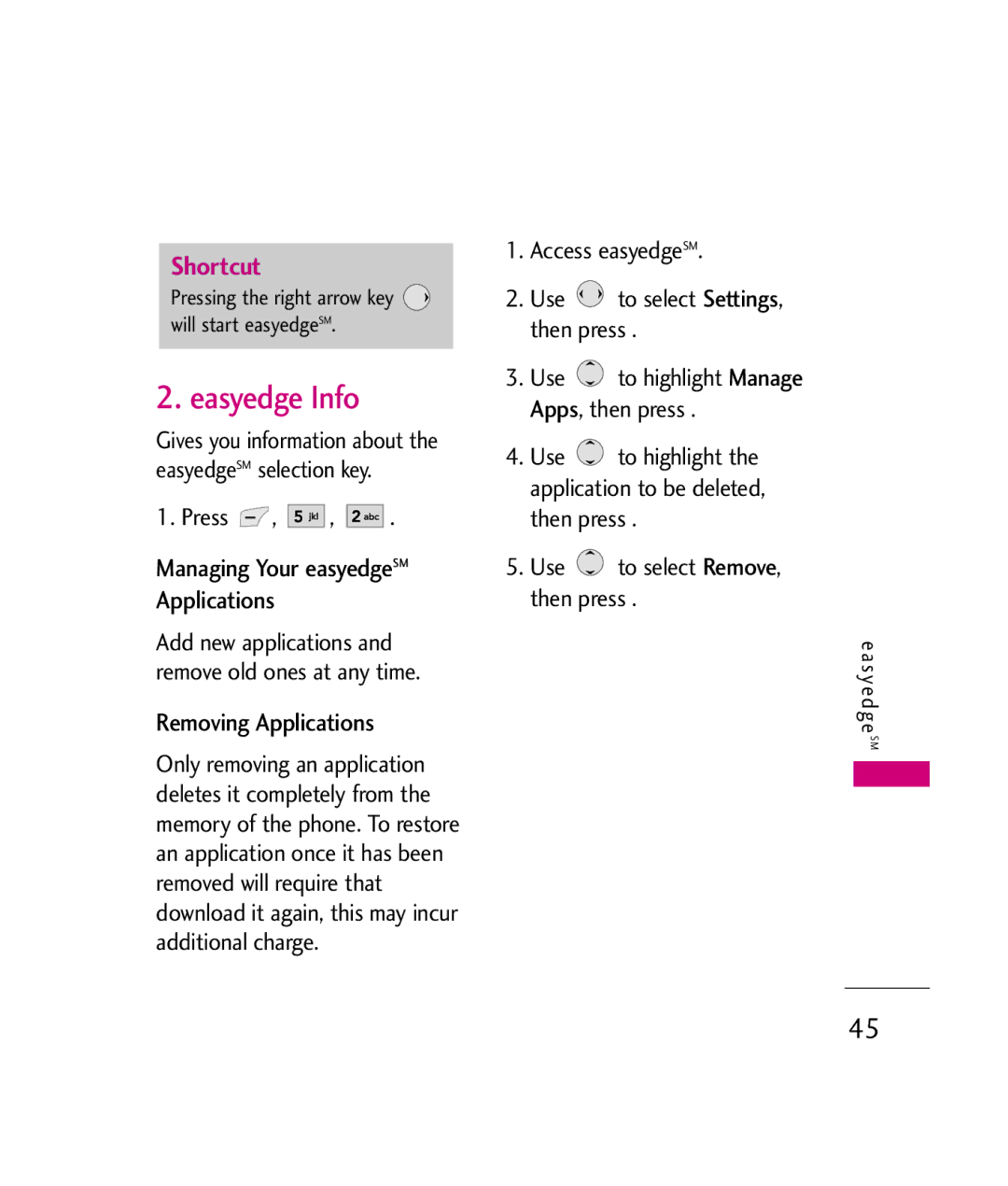 LG Electronics UX380 manual Easyedge Info, Removing Applications, Press Managing Your easyedgeSM Applications 