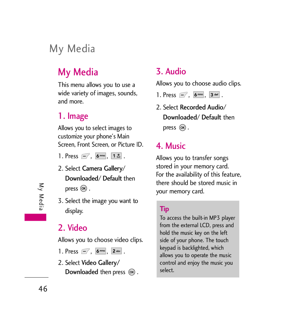 LG Electronics UX380 manual My Media, Image, Video, Audio, Music 