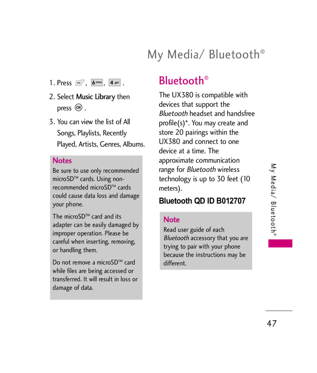 LG Electronics UX380 manual My Media/ Bluetooth, Bluetooth QD ID B012707, Press Select Music Library then press 