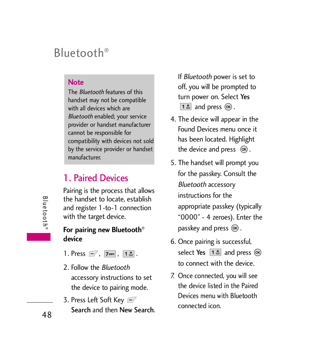 LG Electronics UX380 manual Bluetooth, Paired Devices, Press Left Soft Key, Search and then New Search 