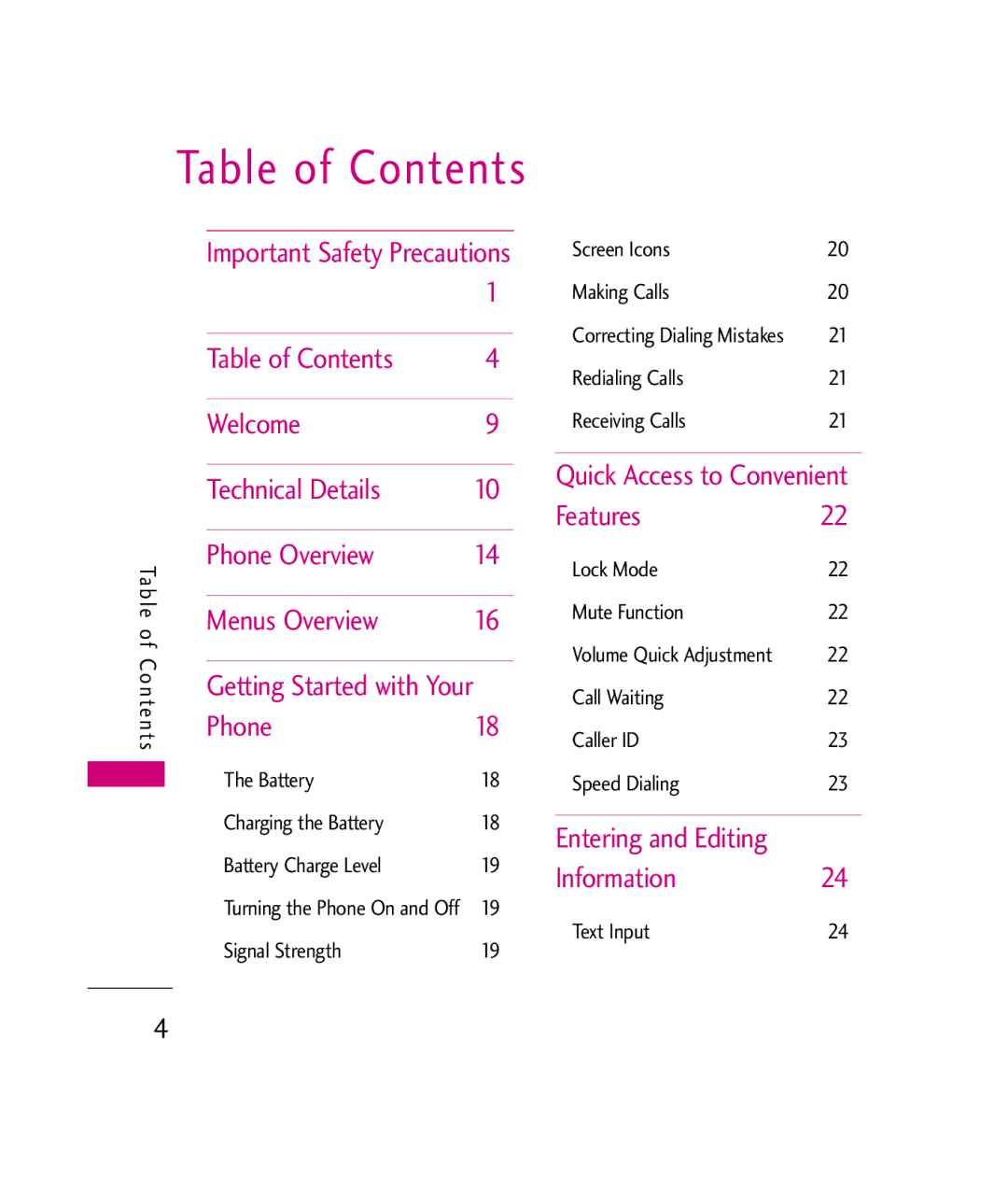 LG Electronics UX380 manual Table of Contents 